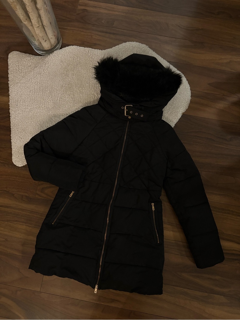 ZARA BLACK PUFFER COAT WITH FAUX FUR HOOD 🖤